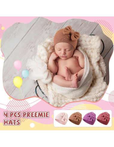 Gorros para Bebés Prematuros Cuffbow 4 Pcs Algodón Lazo