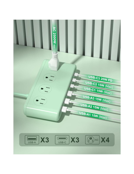 Regleta de Alimentación VPSUN 10 en 1 con USB C 35W Verde Regleta de Alimentación VPSUN 10 en 1 con USB C 35W Verde