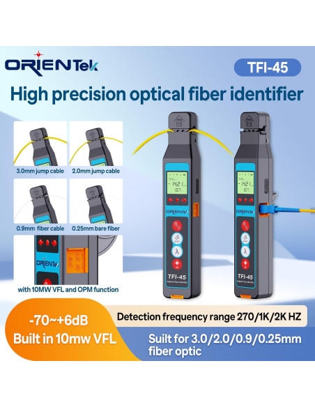 Detector de tráfico de fibra óptica Orientek TFI-45 con medidor de potencia y VFL Detector de tráfico de fibra óptica Orientek TFI-45 con medidor de potencia y VFL