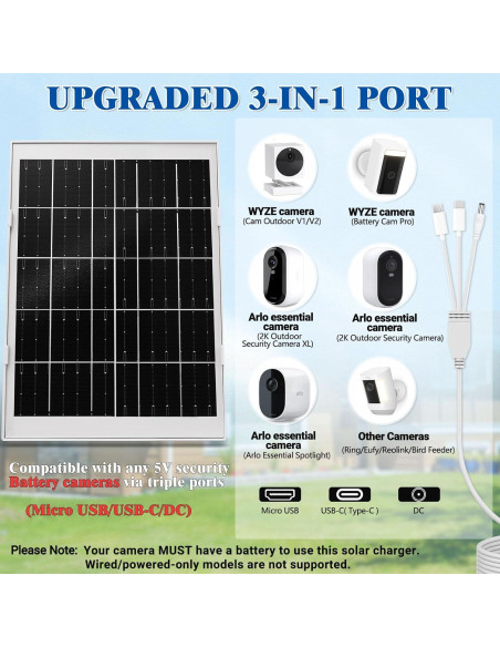 Panel Solar 8W BECOMFY para Cámaras Wyze y Arlo, IP65 Panel Solar 8W BECOMFY para Cámaras Wyze y Arlo, IP65