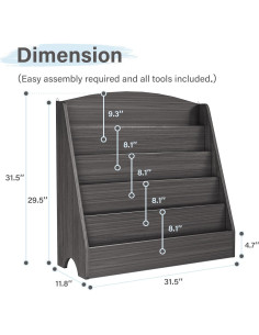 Estantería de Libros para Niños TOETOL 5 Niveles 80 cm Gris 2