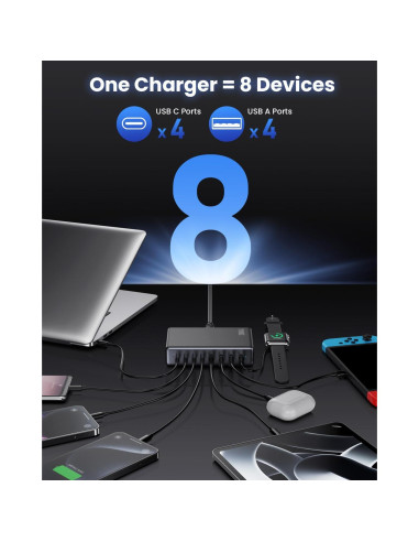 Cargador USB C 200W GaN IV 8 Puertos Rápido QC4.0 Negro