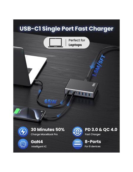 Cargador USB C 200W GaN IV 8 Puertos Rápido QC4.0 Negro Cargador USB C 200W GaN IV 8 Puertos Rápido QC4.0 Negro