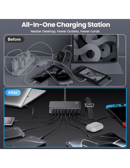 Cargador USB C 200W GaN IV 8 Puertos Rápido QC4.0 Negro Cargador USB C 200W GaN IV 8 Puertos Rápido QC4.0 Negro