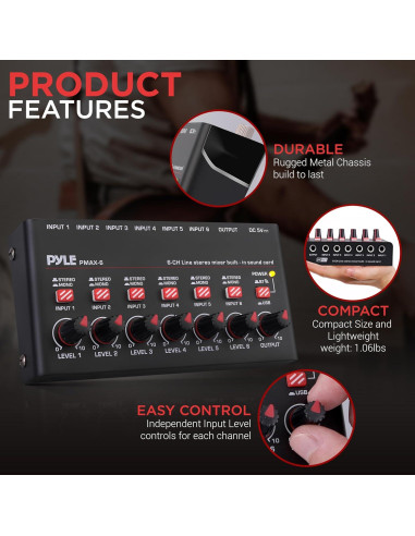 Mezclador Inalámbrico Pyle PMAX6 de 6 Canales con Bluetooth