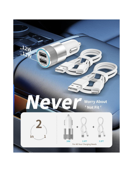 Cargador de coche USB IDiSONCABLE 24W 2 puertos + 2 cables 1m Cargador de coche USB IDiSONCABLE 24W 2 puertos + 2 cables 1m