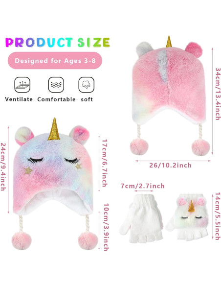 Conjunto Gorros y Guantes de Invierno Unicornio Niñas 3-10 Años Conjunto Gorros y Guantes de Invierno Unicornio Niñas 3-10 Años
