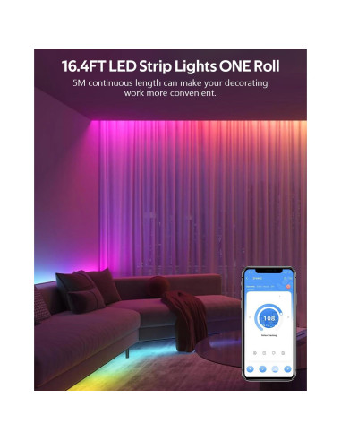 Tira LED RGB IC 5M Aclorol con Control APP y Sincronización de Música