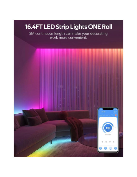 Tira LED RGB IC 5M Aclorol con Control APP y Sincronización de Música Tira LED RGB IC 5M Aclorol con Control APP y Sincronización de Música