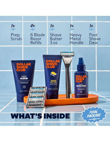 Set de Afeitado Premium Dollar Shave Club | 4 Recargas, Mango Heavy Metal, Exfoliante y Mantequilla