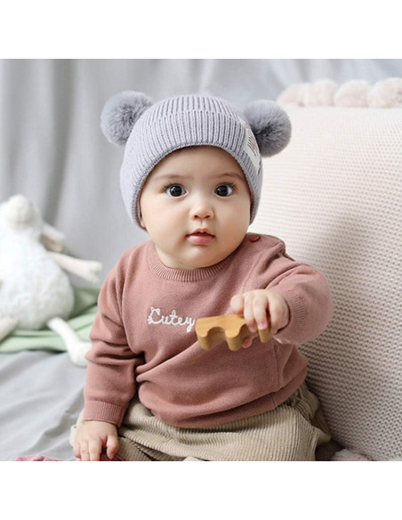 Gorro de bebé invierno suave y cálido con pompones gris Gorro de bebé invierno suave y cálido con pompones gris