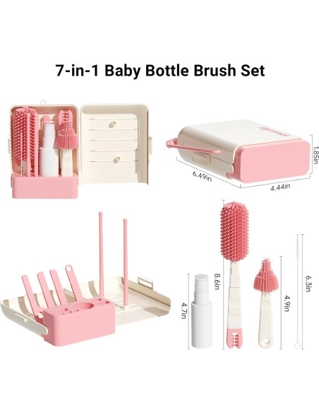 Set de Cepillos Limpiadores de Biberones 7 en 1 AYNMER - Rosa Coral Set de Cepillos Limpiadores de Biberones 7 en 1 AYNMER - Rosa Coral