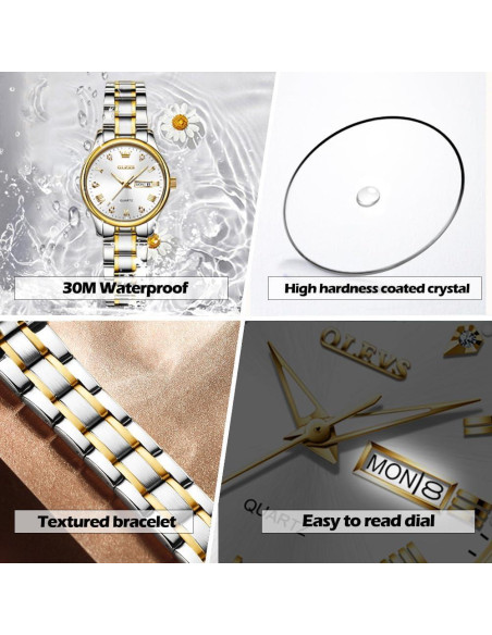 Reloj de pulsera OLEVS para mujeres, acero inoxidable, 30m Reloj de pulsera OLEVS para mujeres, acero inoxidable, 30m