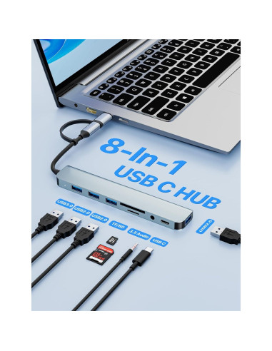 Adaptador Multiport USB C WIRWTRU 8 en 1 con Lector SD y Audio