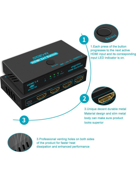 Interruptor HDMI Divisor 3 Puertos SGEYR 4K 30Hz con Control Remoto Interruptor HDMI Divisor 3 Puertos SGEYR 4K 30Hz con Control Remoto