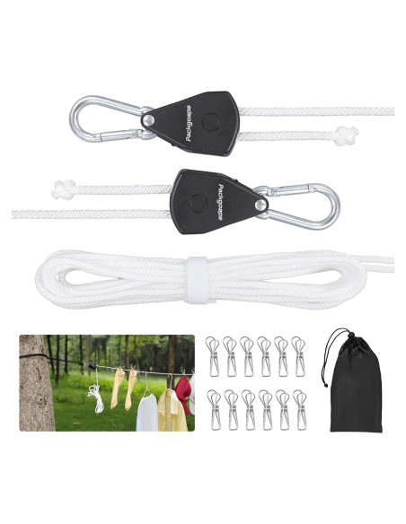 Cuerda de Ropa Retráctil Packgoape 5.8m con Clips y Poleas Cuerda de Ropa Retráctil Packgoape 5.8m con Clips y Poleas