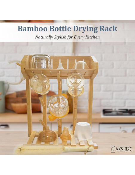 Secador de Botellas de Bebé AKS B2C de Bambú Natural, 9 Botellas Secador de Botellas de Bebé AKS B2C de Bambú Natural, 9 Botellas