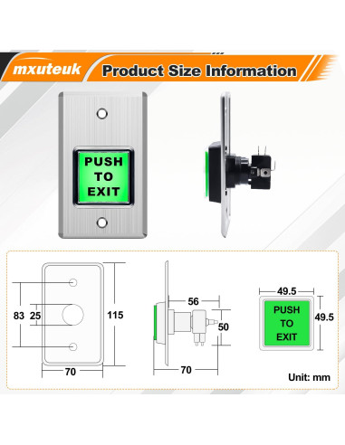 Botón de Salida Cuadrado Verde mxuteuk con LED Acero Inoxidable
