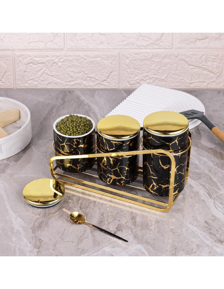 Juego de 3 Tarros de Cerámica con Soporte Dorado - Negro Juego de 3 Tarros de Cerámica con Soporte Dorado - Negro