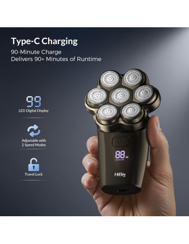 Afeitadora eléctrica HiBig 7D para hombres calvos, 5 en 1, gris