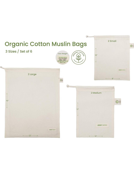 Bolsas Reutilizables de Algodón Orgánico AMOUR INFINI - Set 6 Bolsas Reutilizables de Algodón Orgánico AMOUR INFINI - Set 6