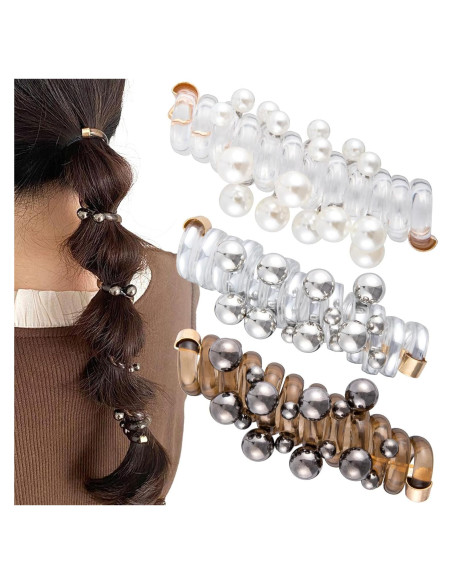 3 Lazos de Pelo Espirales con Perlas SmallCat - Negro, Blanco, Plateado 3 Lazos de Pelo Espirales con Perlas SmallCat - Negro, Blanco, Plateado