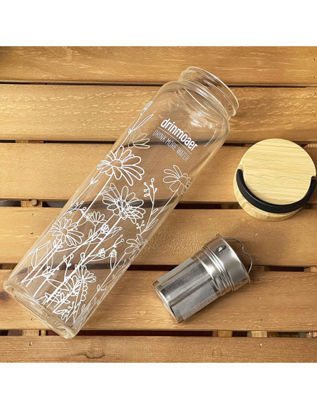 Botella de Agua de Vidrio 1000ml Drinmoaer con Infusor y Tapa de Bambú Botella de Agua de Vidrio 1000ml Drinmoaer con Infusor y Tapa de Bambú