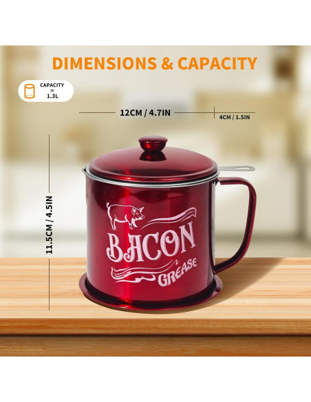 Contenedor de grasa de tocino QMET 1.3L con colador acero Contenedor de grasa de tocino QMET 1.3L con colador acero