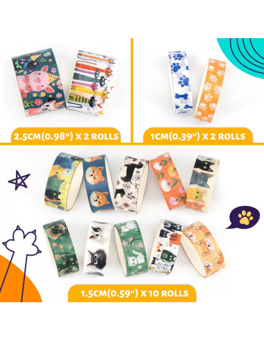 Juego de Washi Tape Kovano 14 Rollos Animales Kawaii