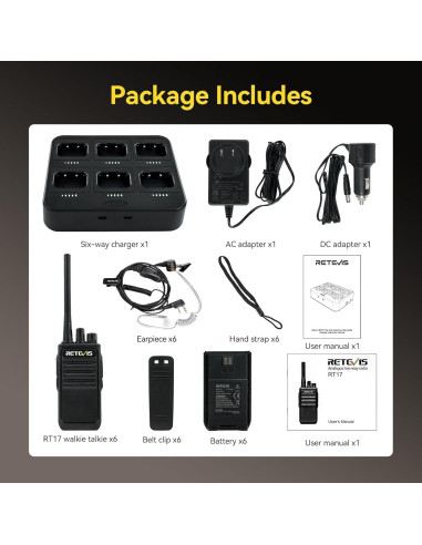 Walkie Talkies Retevis RT17 de Largo Alcance con Auricular - 6 Paquete