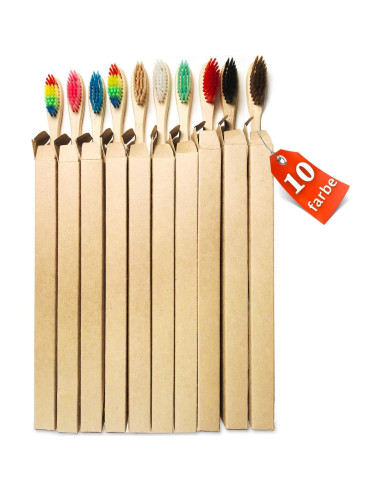 Set de 10 cepillos de dientes de bambú Sumshy, ecológicos y suaves