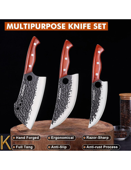 Juego de 3 cuchillos de carnicero KITNATS forjados a mano Juego de 3 cuchillos de carnicero KITNATS forjados a mano
