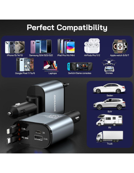 Cargador de Coche 4 en 1 DERANOR 69W Carga Rápida USB-C Cargador de Coche 4 en 1 DERANOR 69W Carga Rápida USB-C