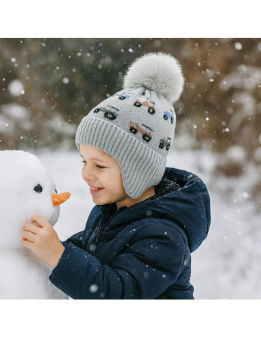 Gorro de Invierno para Niños con Orejeras y Pompon - Coche Gris