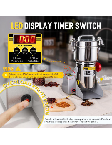 Molino de Granos Eléctrico CGOLDENWALL 800g Acero Inoxidable