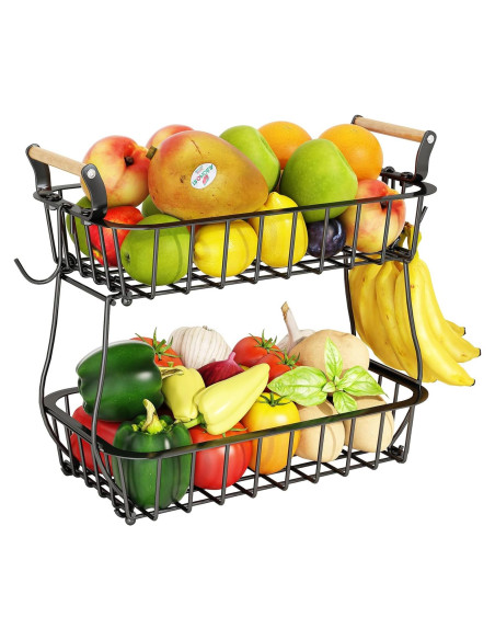 Soporte de Frutas ANTOPY 2 Niveles con Colgadores de Plátano Soporte de Frutas ANTOPY 2 Niveles con Colgadores de Plátano