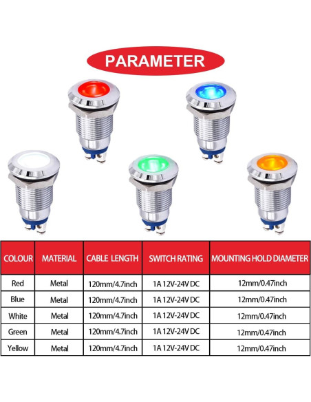 10 Pcs Luz Indicadora LED 12mm IP67 MKBKLLJY 12-24V 5 Colores 10 Pcs Luz Indicadora LED 12mm IP67 MKBKLLJY 12-24V 5 Colores