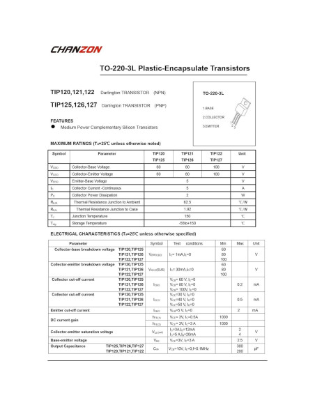 Transistor Darlington NPN Chanzon TIP120 TO-220 Paquete 10 Transistor Darlington NPN Chanzon TIP120 TO-220 Paquete 10