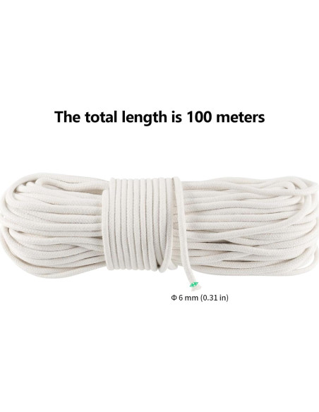 Cuerda de Algodón Trenzada FUNSUEI 100m 8mm Blanca para Manualidades Cuerda de Algodón Trenzada FUNSUEI 100m 8mm Blanca para Manualidades