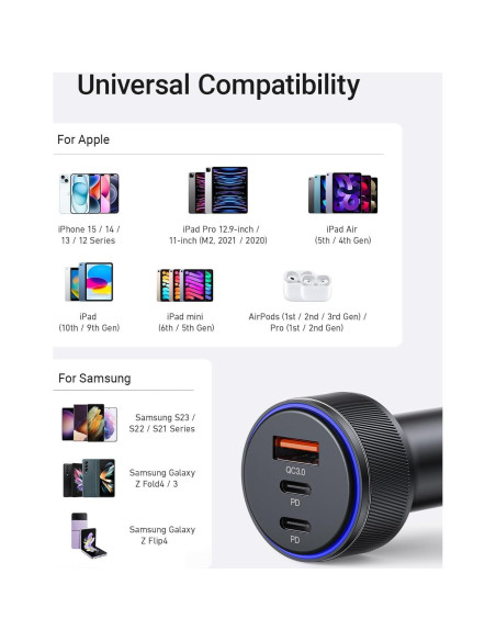 Cargador de coche AKNSN 90W USB-C y USB-A, carga rápida 3 puertos Cargador de coche AKNSN 90W USB-C y USB-A, carga rápida 3 puertos