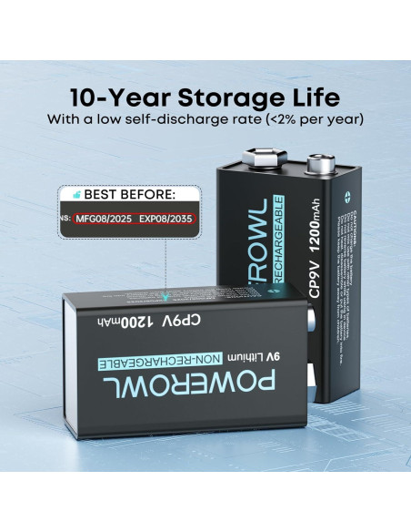 Baterías de Litio POWEROWL 9V 1200mAh Paquete de 2 Baterías de Litio POWEROWL 9V 1200mAh Paquete de 2