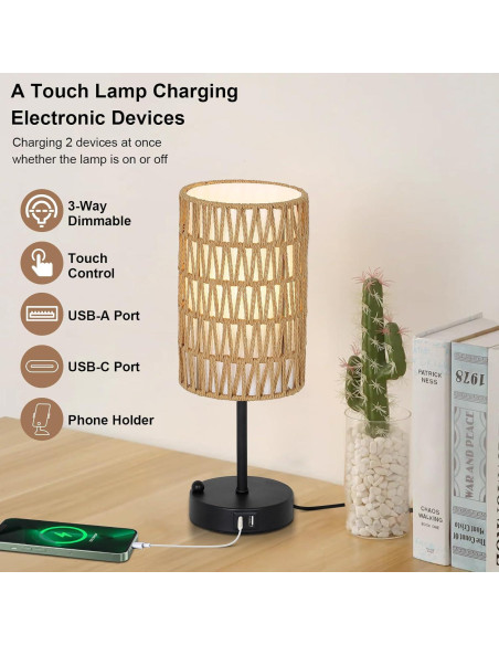Lámpara de Mesa Táctil Eayaya Boho 24.1cm con USB y Soporte Lámpara de Mesa Táctil Eayaya Boho 24.1cm con USB y Soporte