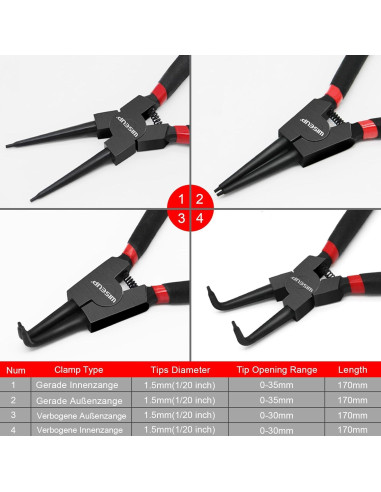 WISEUP Juego de Pinzas de Anillo de Snap 4PCS 7" Acero Carbono