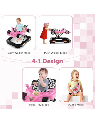 Andador 4 en 1 BABY JOY Plegable Rosa con Música y Luces