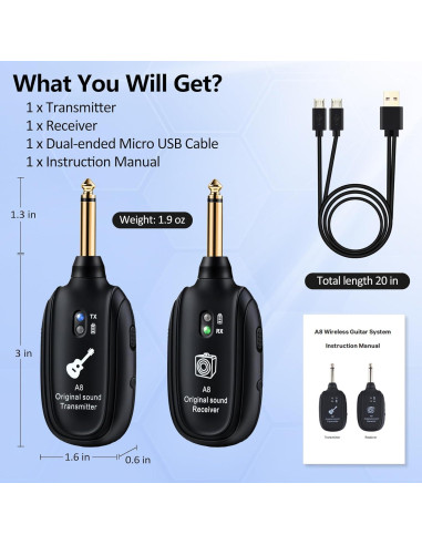 Transmisor y Receptor Inalámbrico WENTELMUSIC A8 para Guitarra