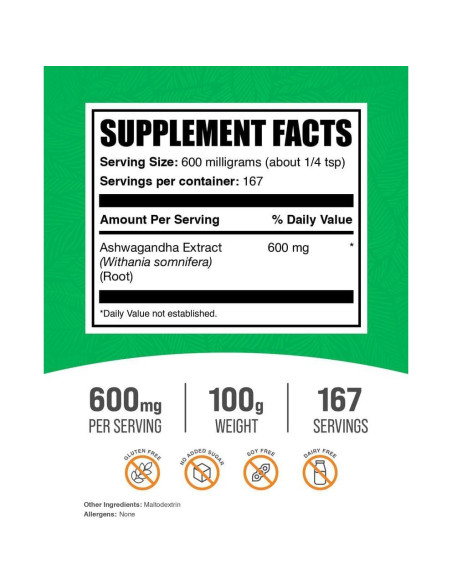 Extracto de Raíz de Ashwagandha BulkSupplements 600mg 100g Extracto de Raíz de Ashwagandha BulkSupplements 600mg 100g