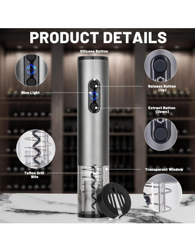 Sacacorchos Eléctrico Recargable BSWMHG con Cortador y Tapón