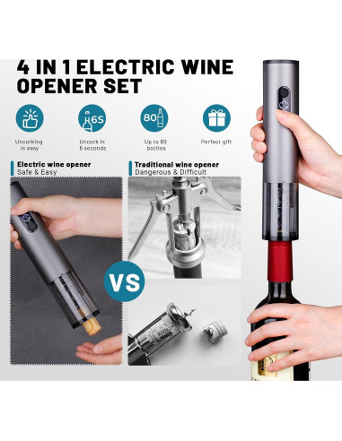 Sacacorchos Eléctrico Recargable BSWMHG con Cortador y Tapón