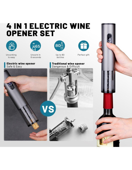 Sacacorchos Eléctrico Recargable BSWMHG con Cortador y Tapón Sacacorchos Eléctrico Recargable BSWMHG con Cortador y Tapón
