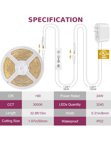 Tira de luz LED COB 10m 3000K regulable con control remoto